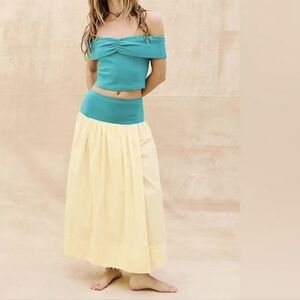 Free People BOHO Yellow Maxi Skirt with Teal Waistband Size M